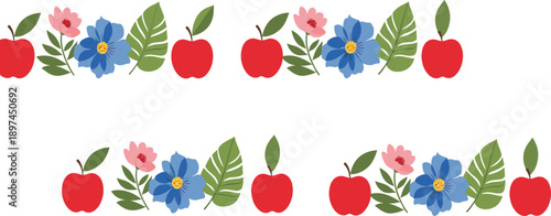 Cute seamless apple and flower border pattern with leaves in flat vector style isolated on white background