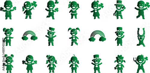 St Patricks Day cute cartoon characters with green color and shamrocks  smiling kids and leprechauns celebrating Irish holiday