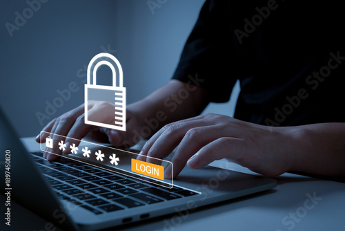 User Login. people hand login security password on laptop computer, data protection, antivirus, authentication, internet access network technology, cybersecurity and privacy technology concept