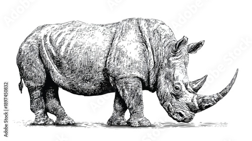 Detailed Hand-drawn Black and White Rhinoceros Sketch for Artistic Projects