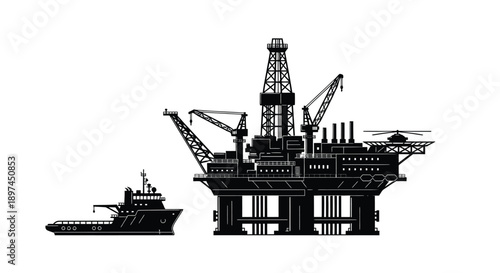 Oil rig and supply ship illustration in a minimalist black and white style