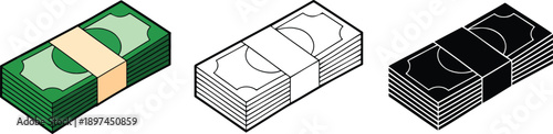 Money Stack silhouette & Outline and illustration set isolated on transparent background