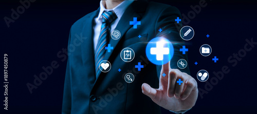 Health Care. businessman touching on virtual plus sign with medical icon, artificial intelligence, medical, positive thinking, healthcare insurance, internet network technology innovation concept