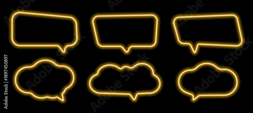 Golden neon speech bubble with soft light glow. Elegant chat balloon for talk, text and luxury digital communication design.