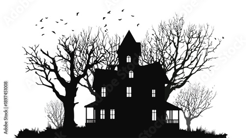 Eerie Haunted House Black Silhouette Vector Art and Illustration