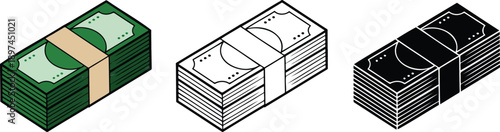 Money Stack silhouette & Outline and illustration set isolated on transparent background