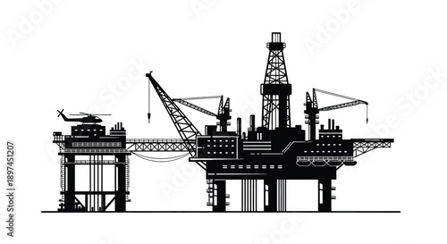 Black and white silhouette of an offshore oil and gas platform