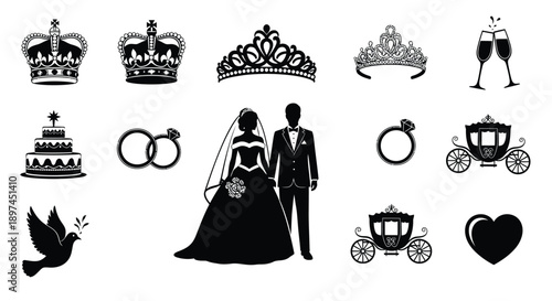 Wedding icons and symbols on white background marriage concept with bride and groom crowns rings carriage cake and hearts