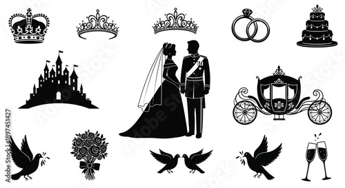 Wedding symbols and icons including crowns rings bride and groom carriage cake and doves on white background