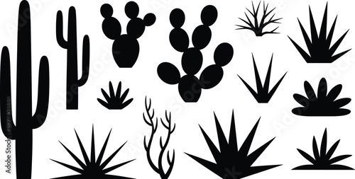 Set of desert cactus and succulent silhouettes with saguaro prickly pear and agave plants isolated on white for botanical vector design