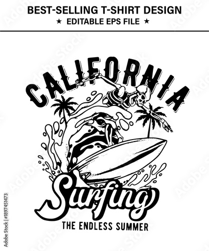 California surfing  t-shirt design with skull and palm trees on surfboard  endless summer vibe in monochrome style