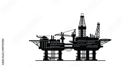 Silhouette of a large offshore oil rig with supporting structures