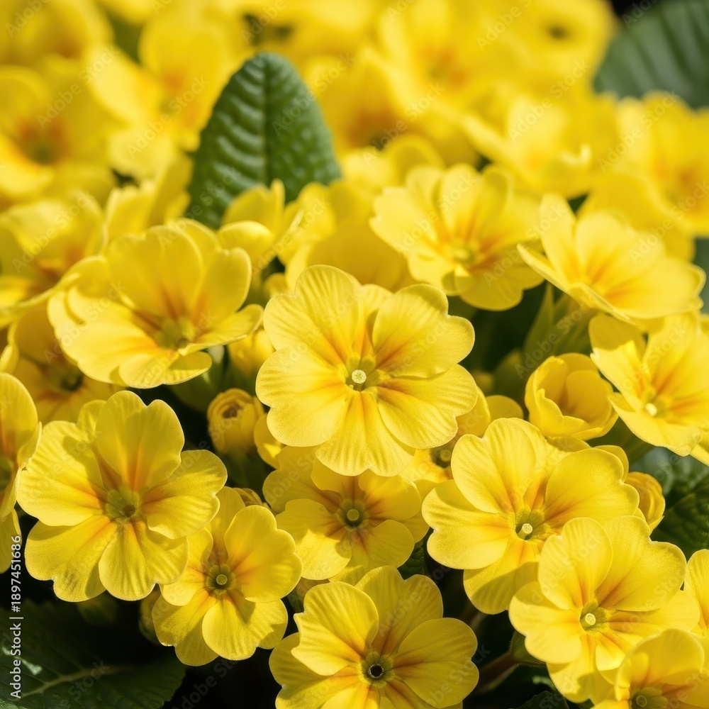 Fototapeta premium Cheerful yellow primroses creating a soft, sunny natural background texture in the warmth of early spring, spring, early spring, blooming