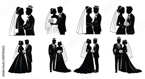 Wedding couples in various poses and dresses silhouette illustrations for marriage and love concepts
