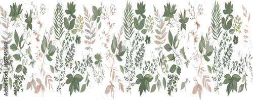 Elegant seamless botanical foliage pattern with delicate wild leaves and herbs in soft earthy colors flat vector illustration