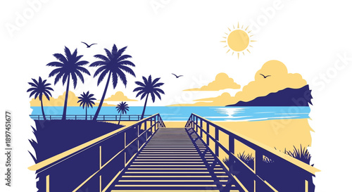 A vibrant illustration depicts a sunny tropical beach with palm trees