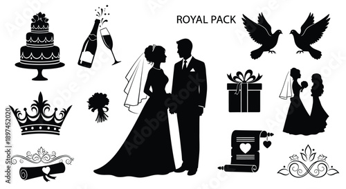 Wedding royal pack silhouettes with bride groom cake gifts and symbols on white background