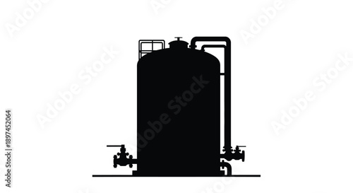 Silhouetted industrial storage tank with pipes and valves on a ground line