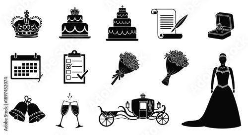Wedding planning icons set with bride cake flowers and carriage on white background for marriage and event organization