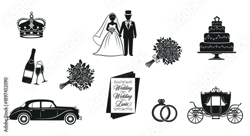 Wedding icons and symbols in black and white including bride and groom cake carriage and rings on a white background for marriage and love concepts