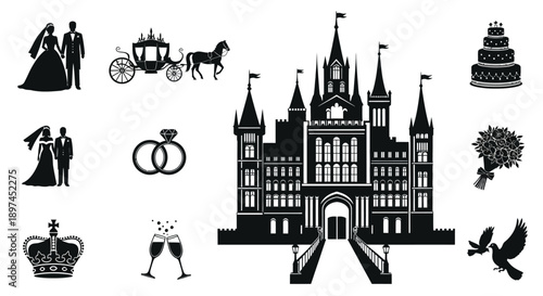 Wedding icons and castle silhouette with royal marriage symbols