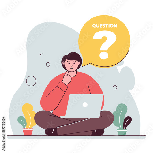 Pensive Tech Thought Flat Vector Illustration: Man with Laptop and Question