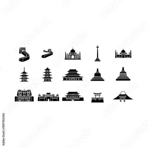 Illustrations of famous landmarks and monuments around the world are displayed.