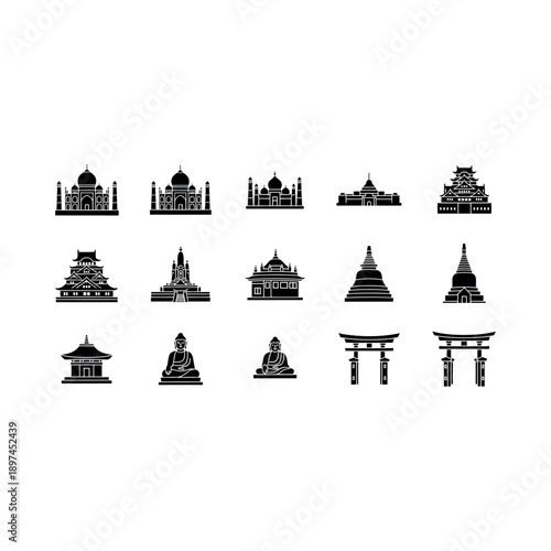Various famous landmarks and monuments icons displayed