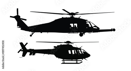 Two black silhouettes of military helicopters in flight side and bottom views