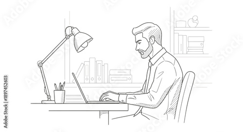 professional man working on laptop at his desk demonstrating focus and productivity in a modern home office environment.