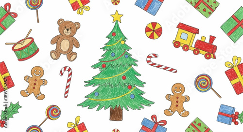 christmas holiday pattern with festive tree gingerbread men candy canes presents cheerful illustration for holiday backgrounds.