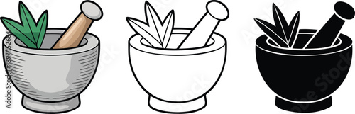 Mortar and pestle silhouette & Outline and illustration set isolated on transparent background
