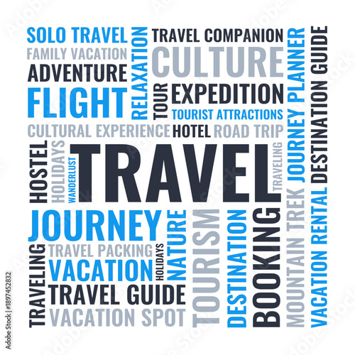 Travel word cloud design with flight journey vacation tour culture expedition destination guide