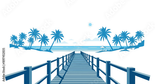 A tranquil tropical beach scene with a wooden pier extending towards the ocean
