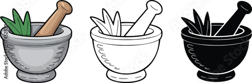 Mortar and pestle silhouette & Outline and illustration set isolated on transparent background