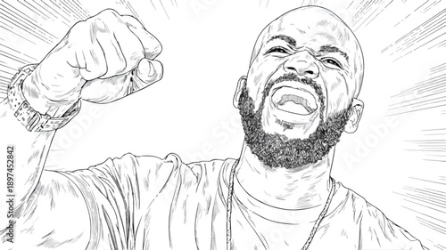 Excited Man Celebrating Success with Raised Fist Vector Illustration