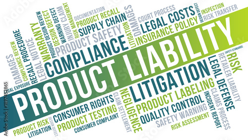 Product liability compliance word cloud design showing product safety litigation risk and insurance policy concepts
