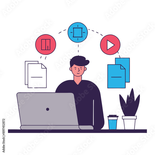 Efficient Task Management Illustration: Man Working on Laptop with Workflow Icons