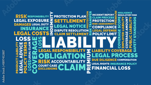 Liability insurance word cloud design with legal responsibility risk coverage claim process