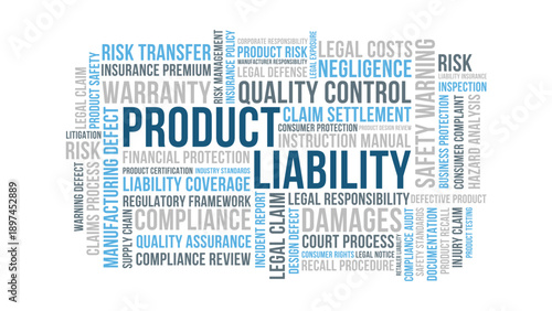 Product liability risk word cloud design, product liability insurance compliance and quality control concept