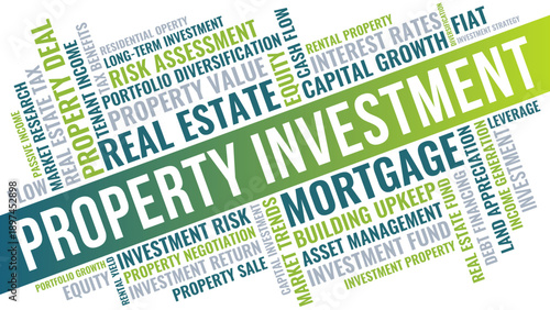 Property investment word cloud with real estate, mortgage, equity and capital growth finance concept