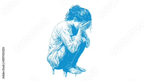 Lonely Depressed Woman Weeping in Sadness and Anxiety Vector