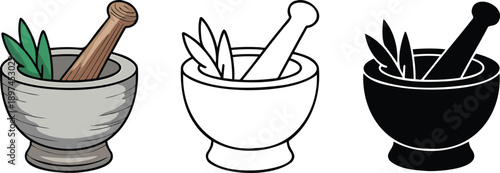 Mortar and pestle silhouette & Outline and illustration set isolated on transparent background