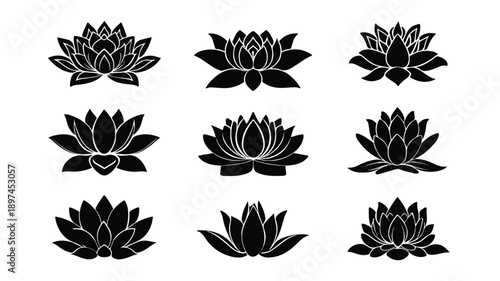 Lotus Flowers Icon Set in Black Silhouette Vector Art and Illustration