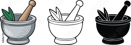 Mortar and pestle silhouette & Outline and illustration set isolated on transparent background