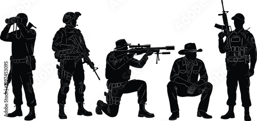 Armed tactical soldier silhouettes in various combat poses with rifles, military special forces figures isolated on white background