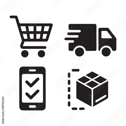 Online shopping cart order process silhouette vector illustration