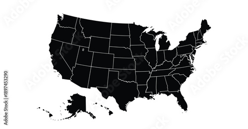United States Map with State Boundaries Black Silhouette