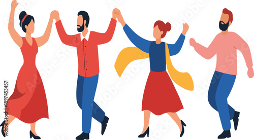Group of people dancing together holding hands in joyful celebration scene wearing colorful outfits in flat cartoon vector illustration