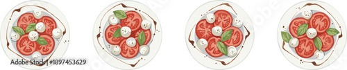Caprese salad top view illustration set, fresh tomato mozzarella basil plates with olive oil isolated on white background vector